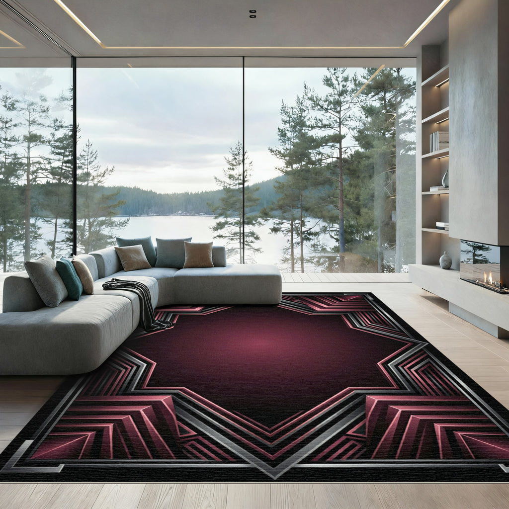 Crimson Art Deco Geometric Frame Rug
