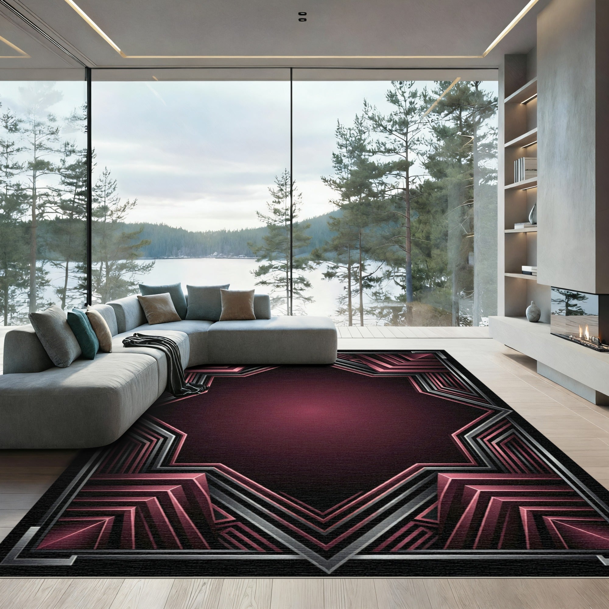 Crimson Art Deco Geometric Frame Rug