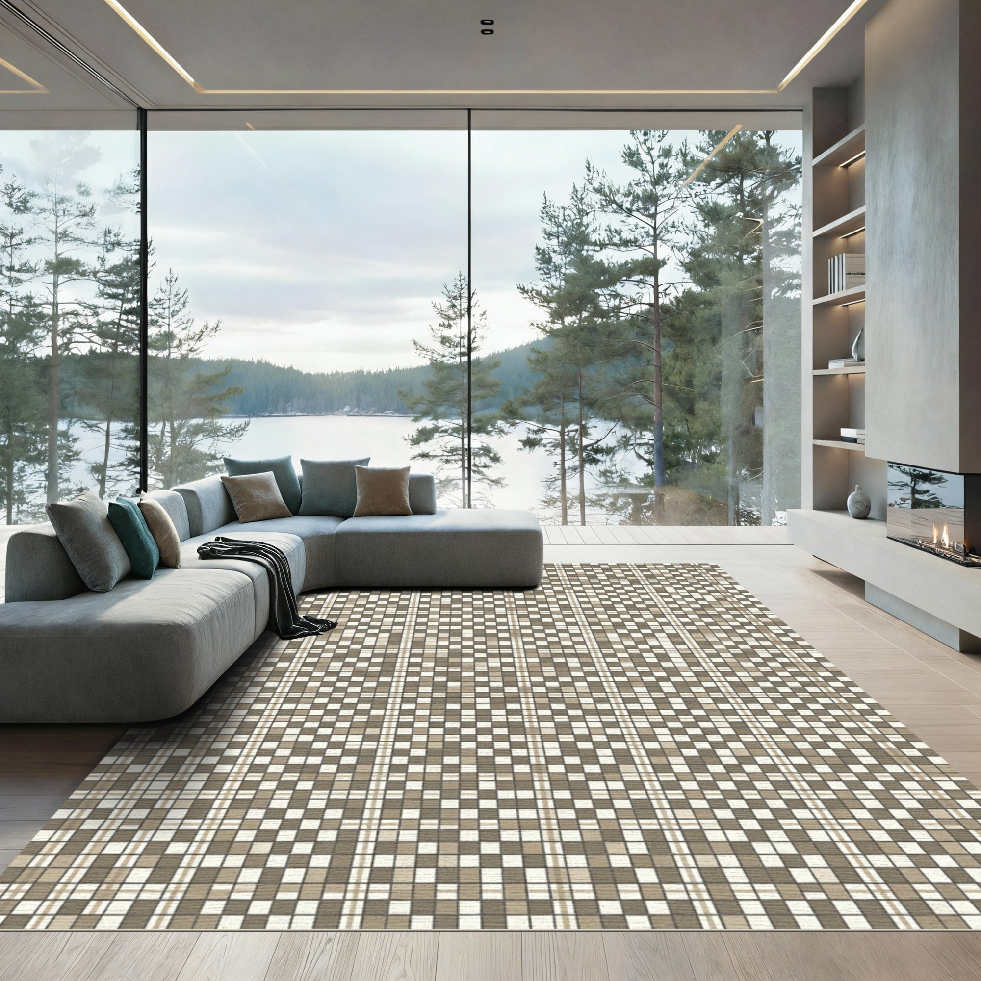 Neutral Tan Plaid Checkered Squares Rug
