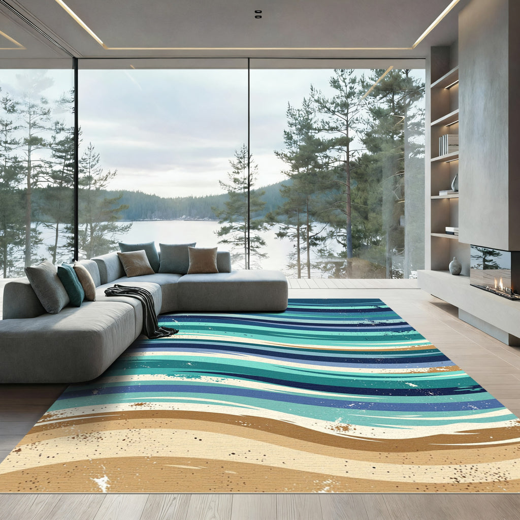 Abstract Wavy Teal Blue Sand Rug