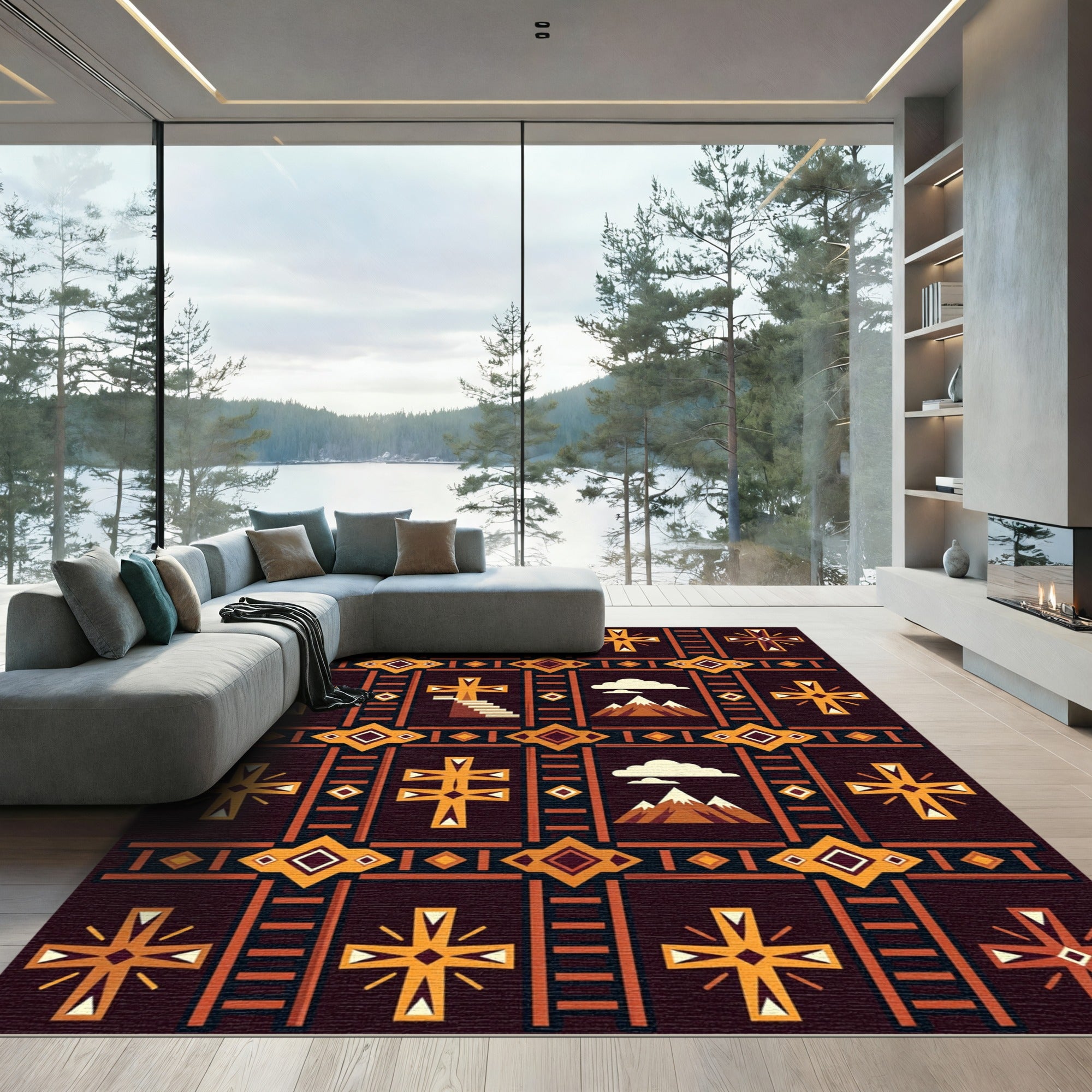 Earthy Geometric Cross Mountainscape Rug