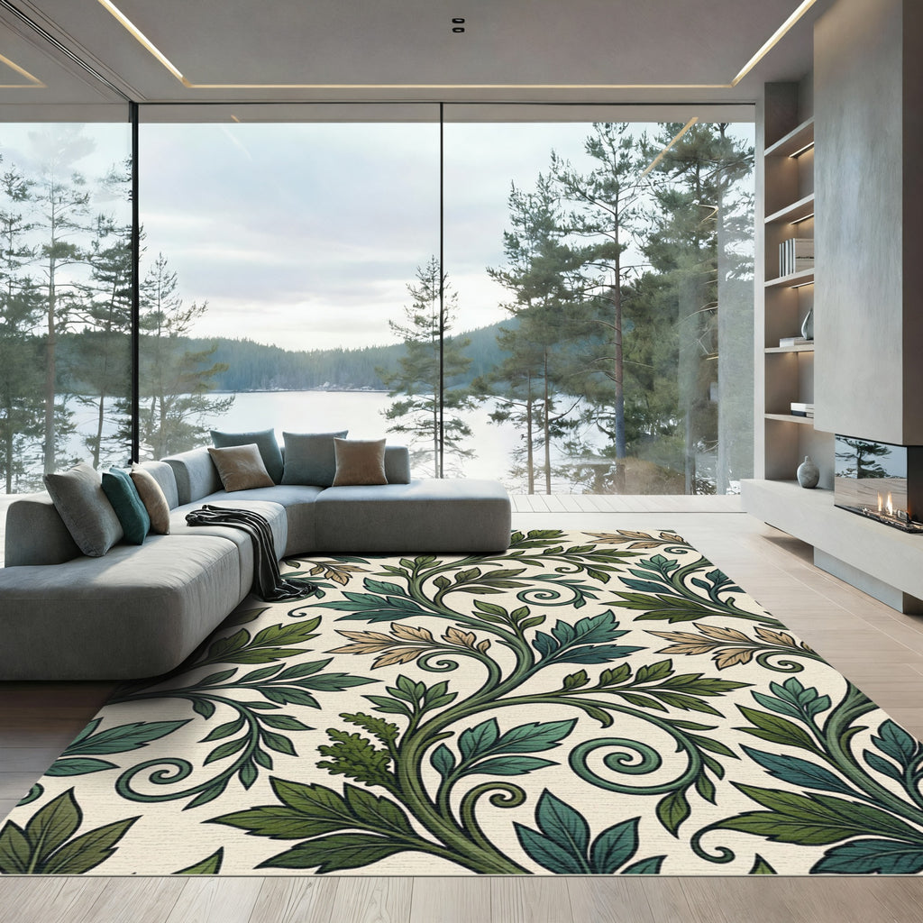 Earthy Green Botanical Scrolling Leaf Rug