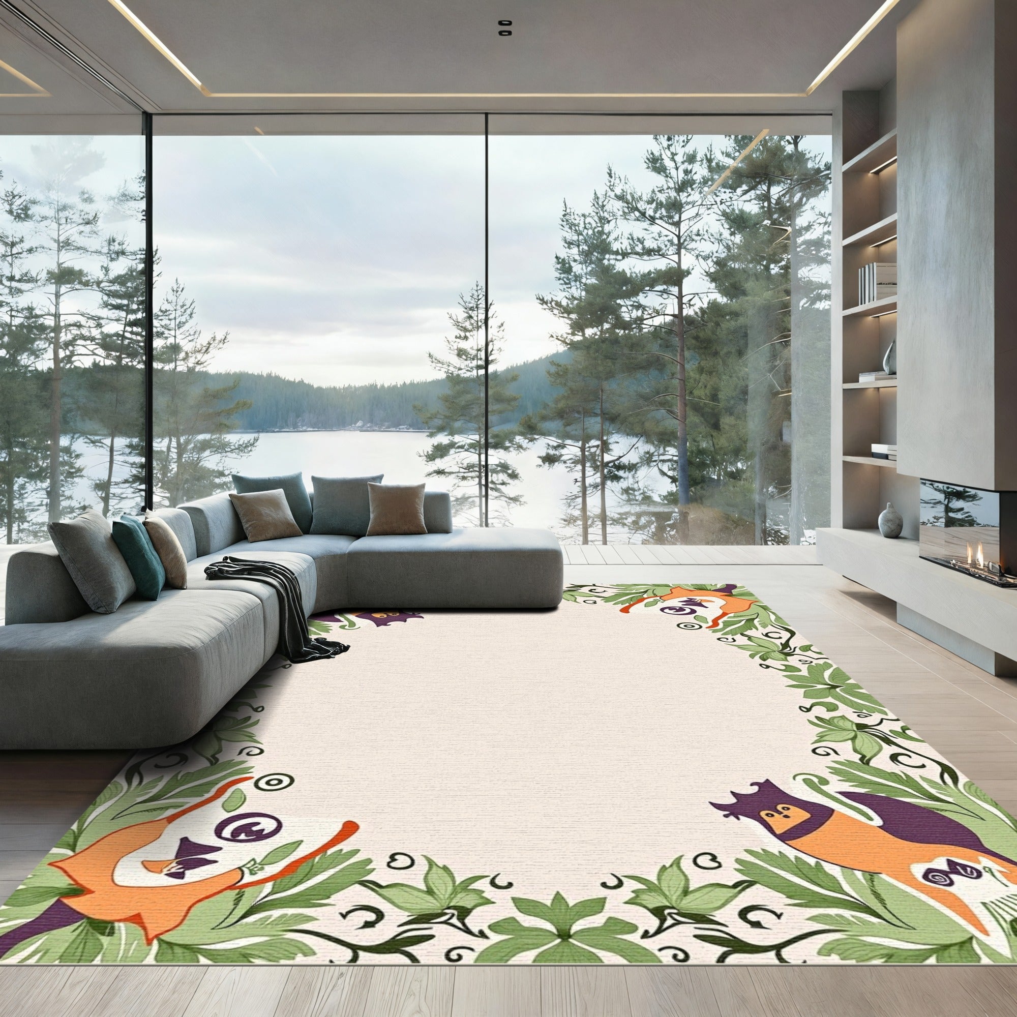Whimsical Orange Bat Foliage Frame Rug