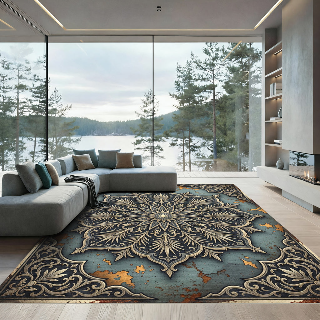Antique Teal Gold Medallion Frame Rug