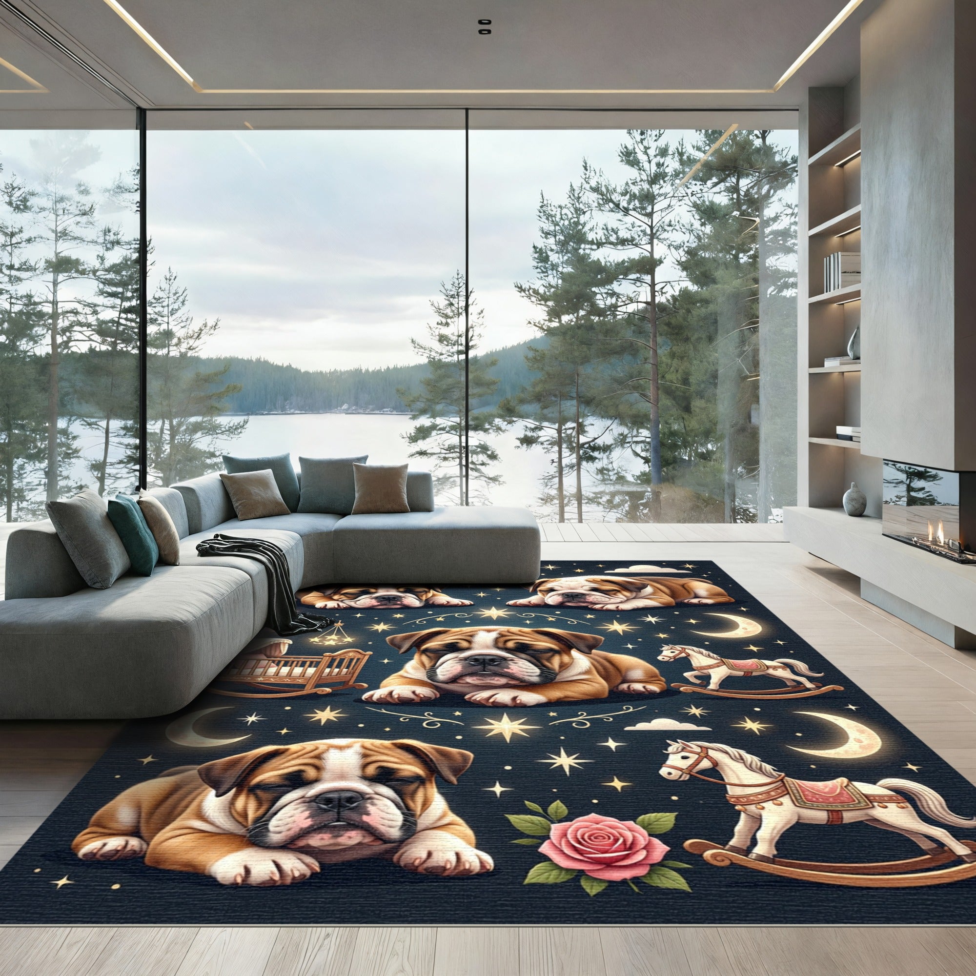 Celestial Bulldog and Moonlit Starry Sky Rug