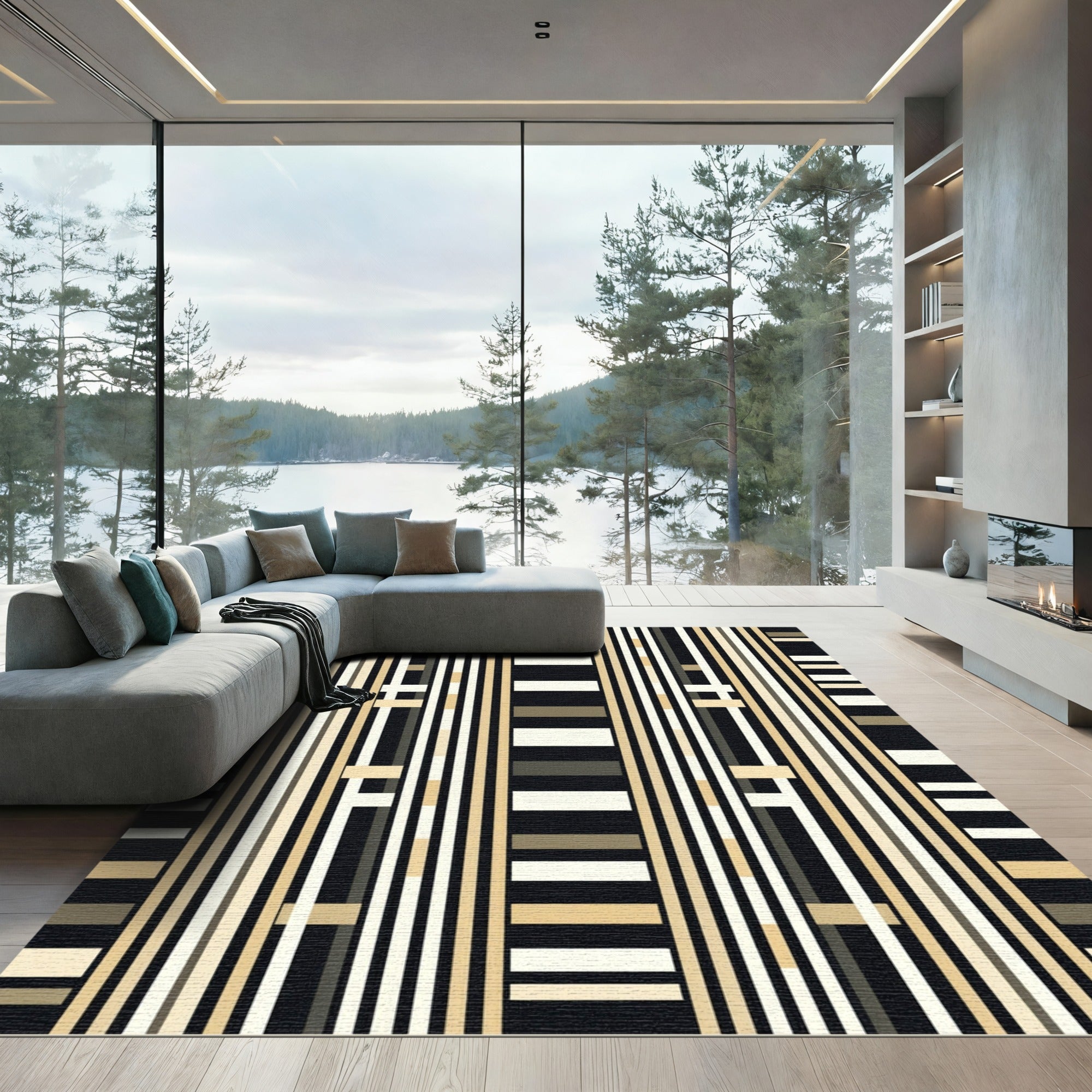Black Tan White Rectangular Stripe Rug