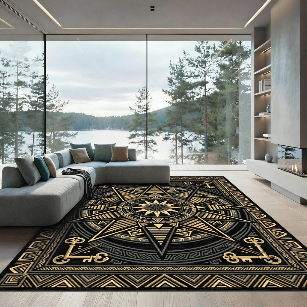 Golden Celestial Geometric Star Key Rug