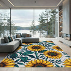 Bright Golden Sunflower Botanical Illustration Rug