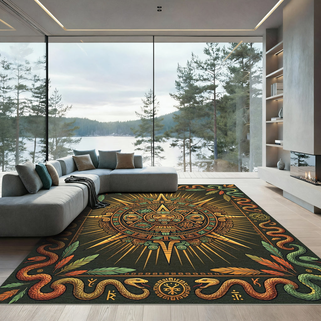 Aztec Sun Serpent Earthy Gold Wall Tapestry Rug