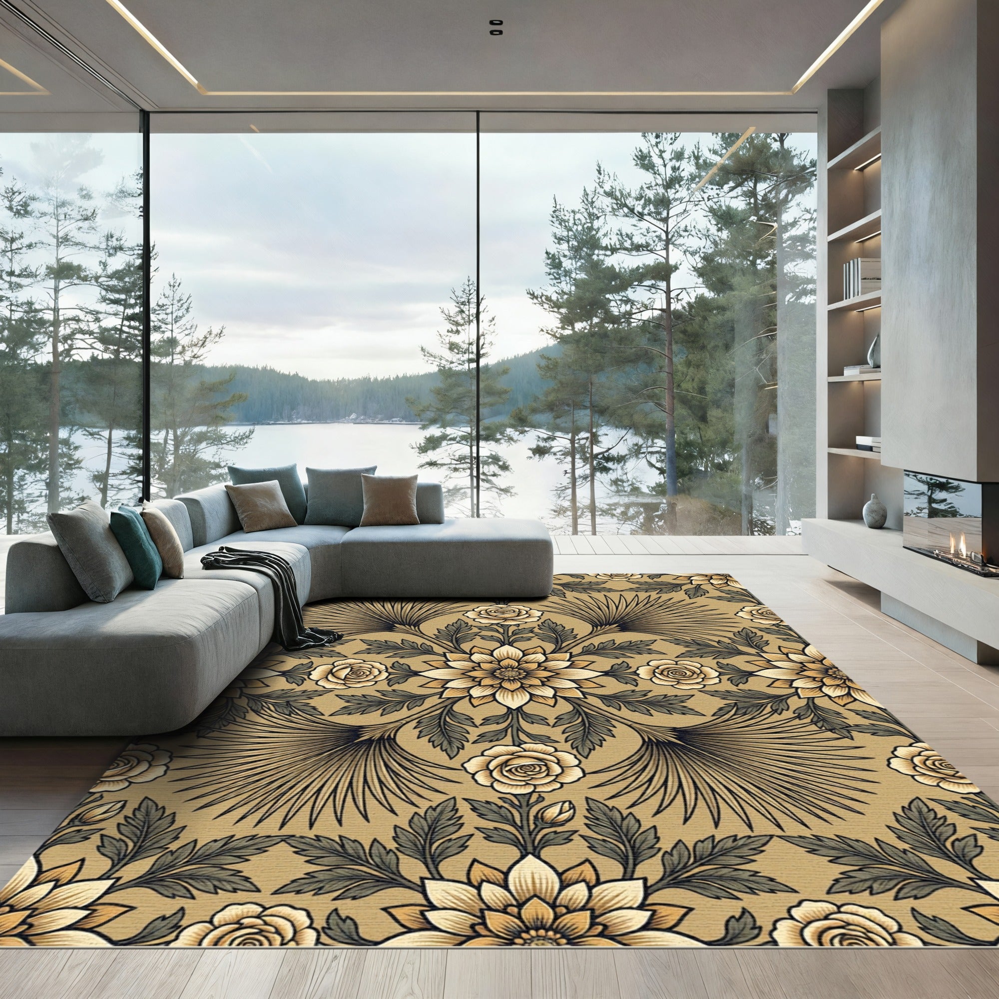 Gold Cream Floral Scrolling Vine Rug