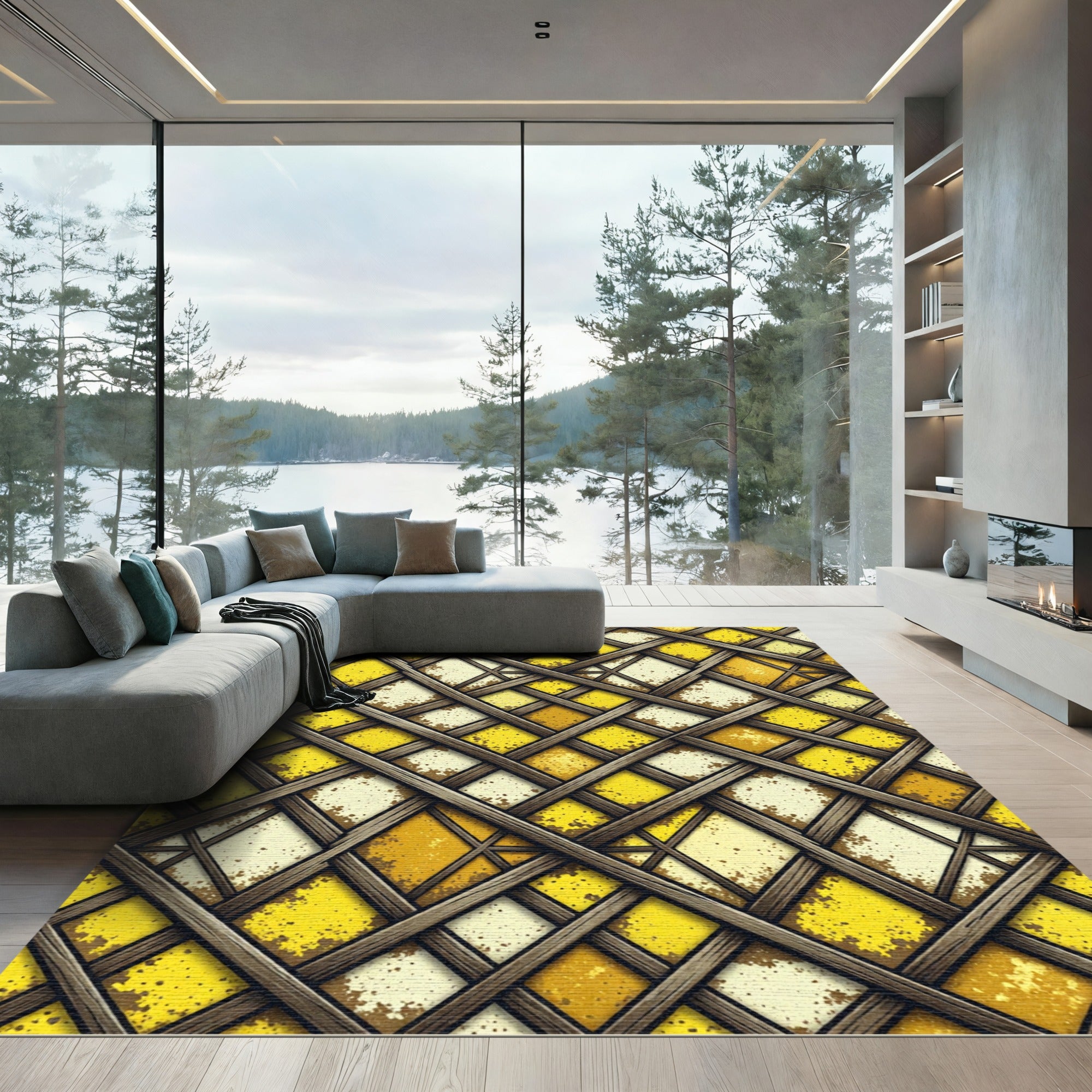 Golden Lattice Woven Citrine Geometric Rug