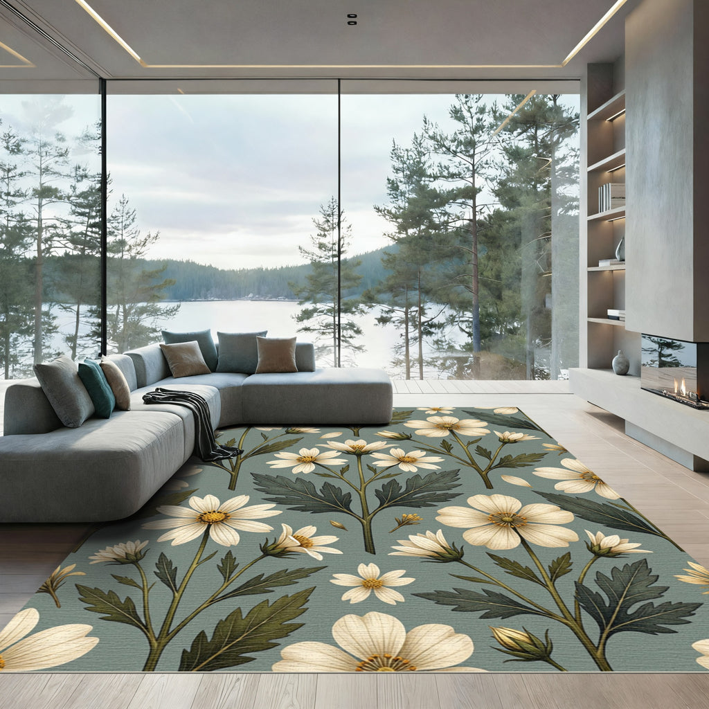Sage Green Floral Botanical Meadow Rug