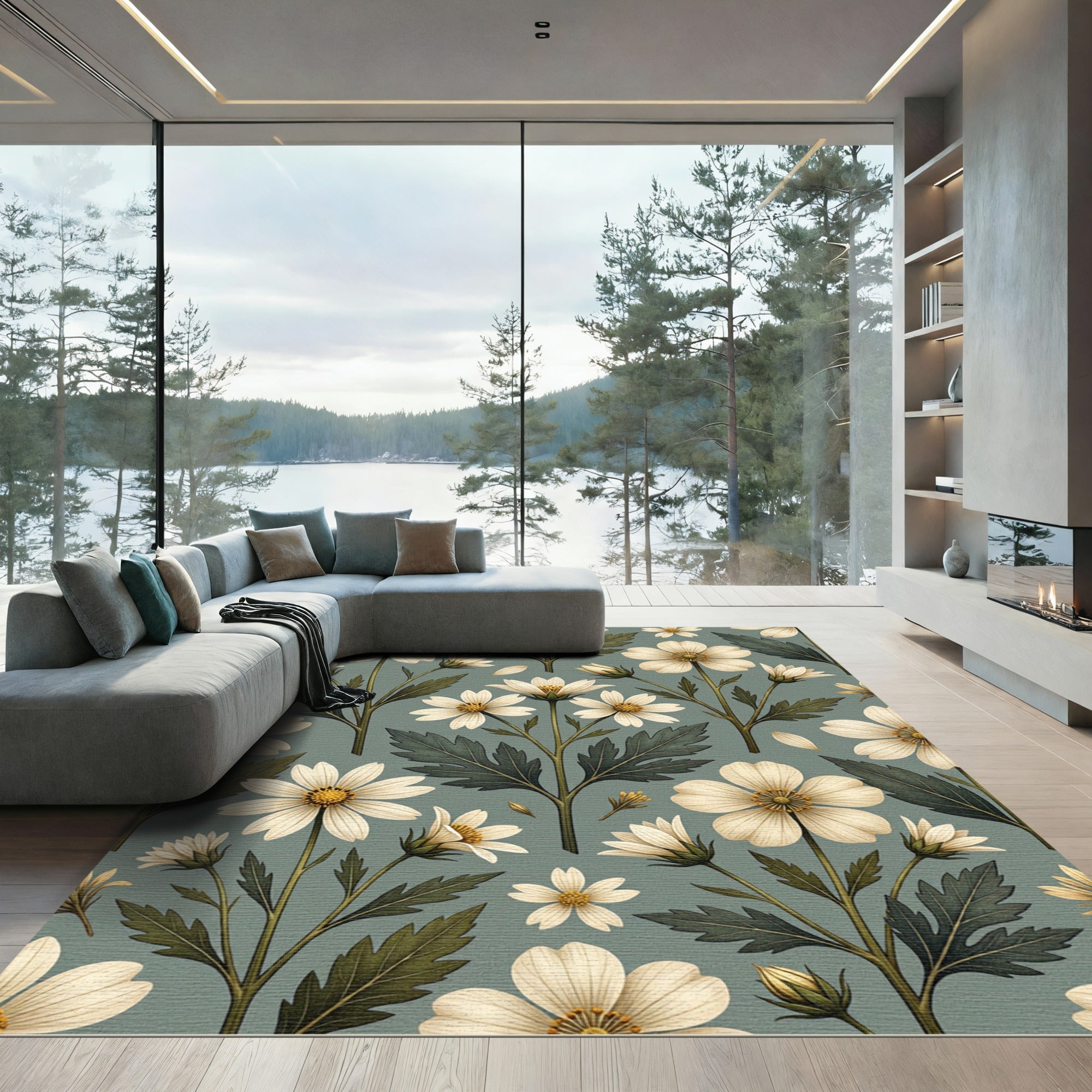 Sage Green Floral Botanical Meadow Rug
