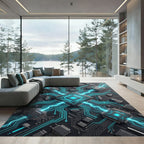 Neon Cyber Circuit Glowing Tech Grid Rug