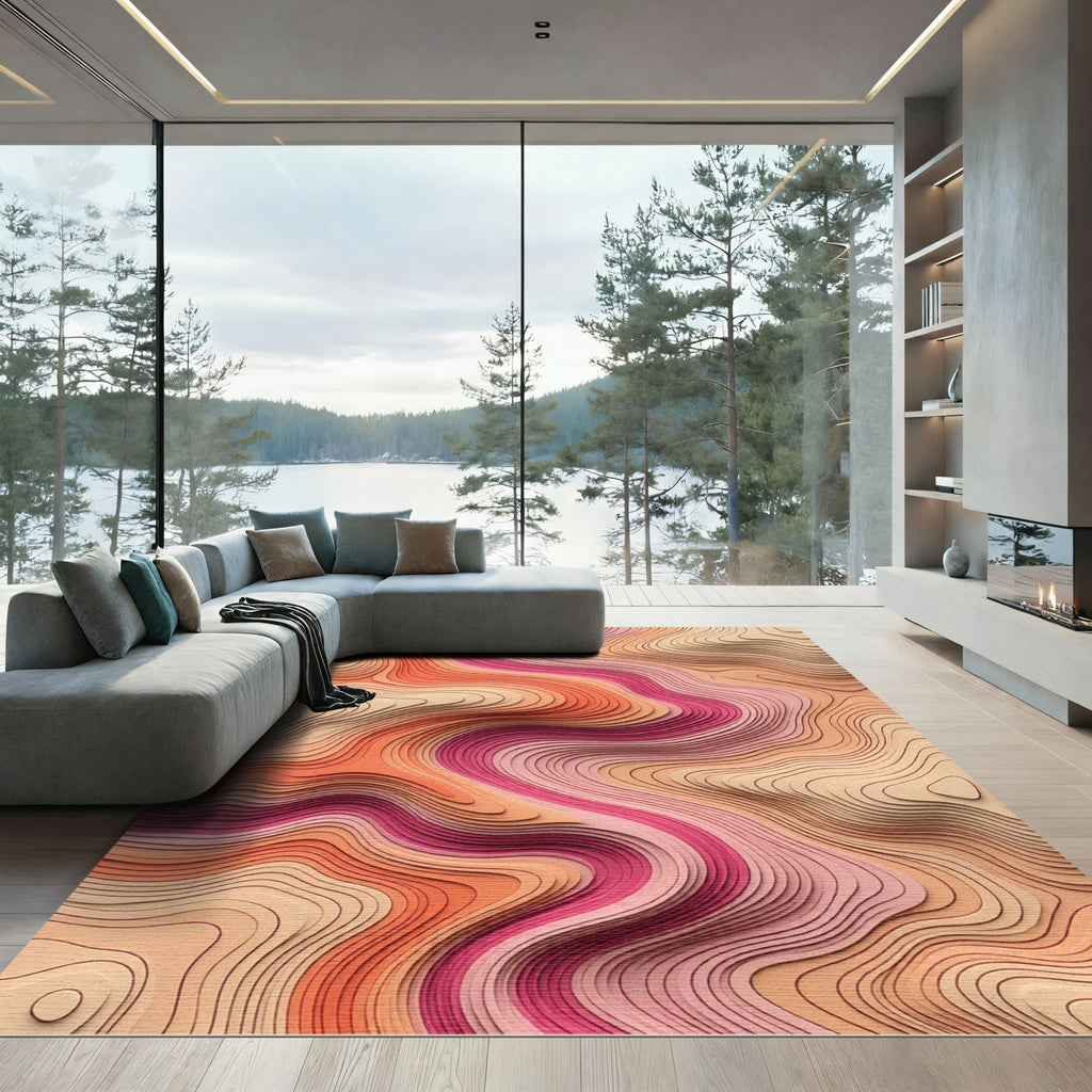 Coral Pink Gradient Topographic Waves Rug