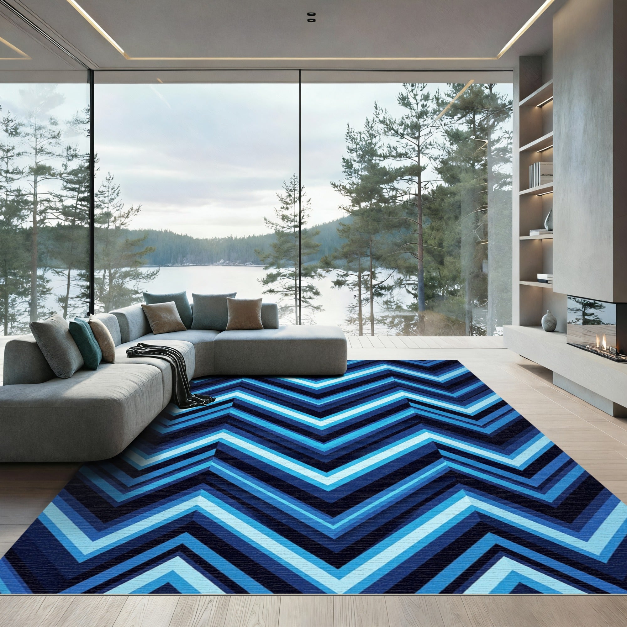 Cool Blue Chevron Zigzag Stripes Rug