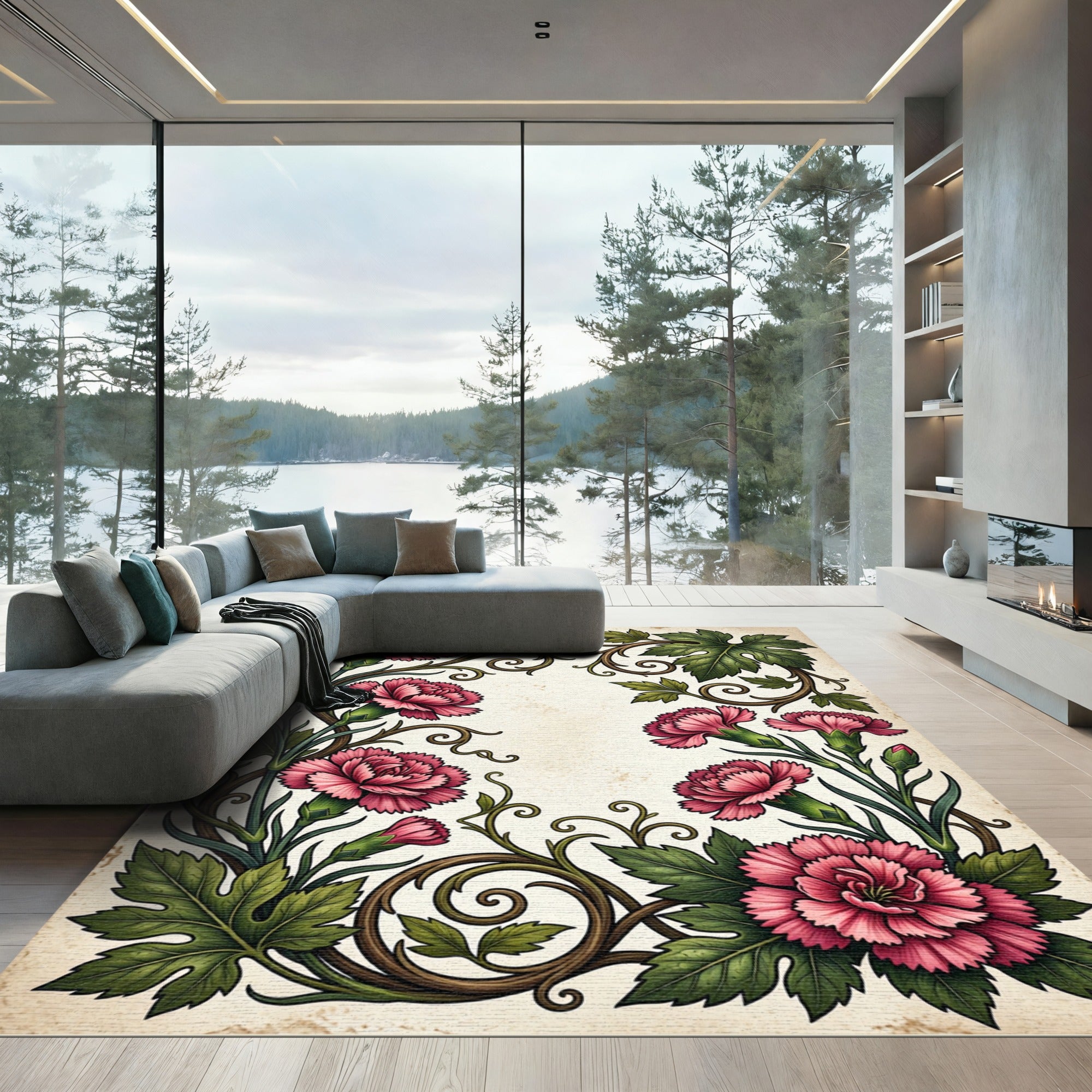 Pink Floral Scroll Border Rug