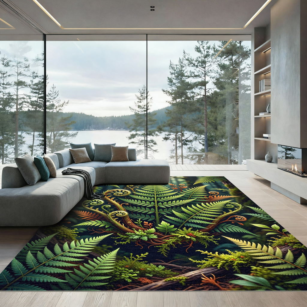 Lush Green Forest Fern Swirls Rug