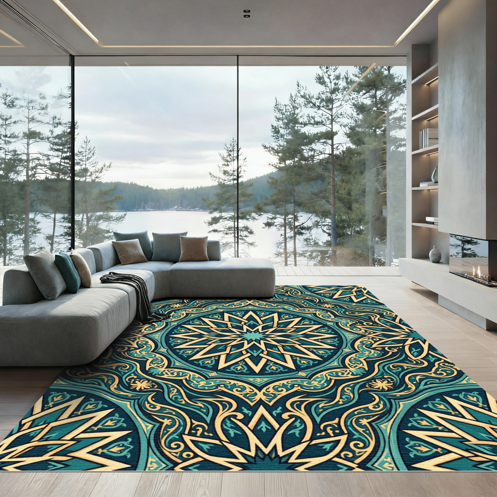 Deep Teal Golden Intricate Starburst Rug