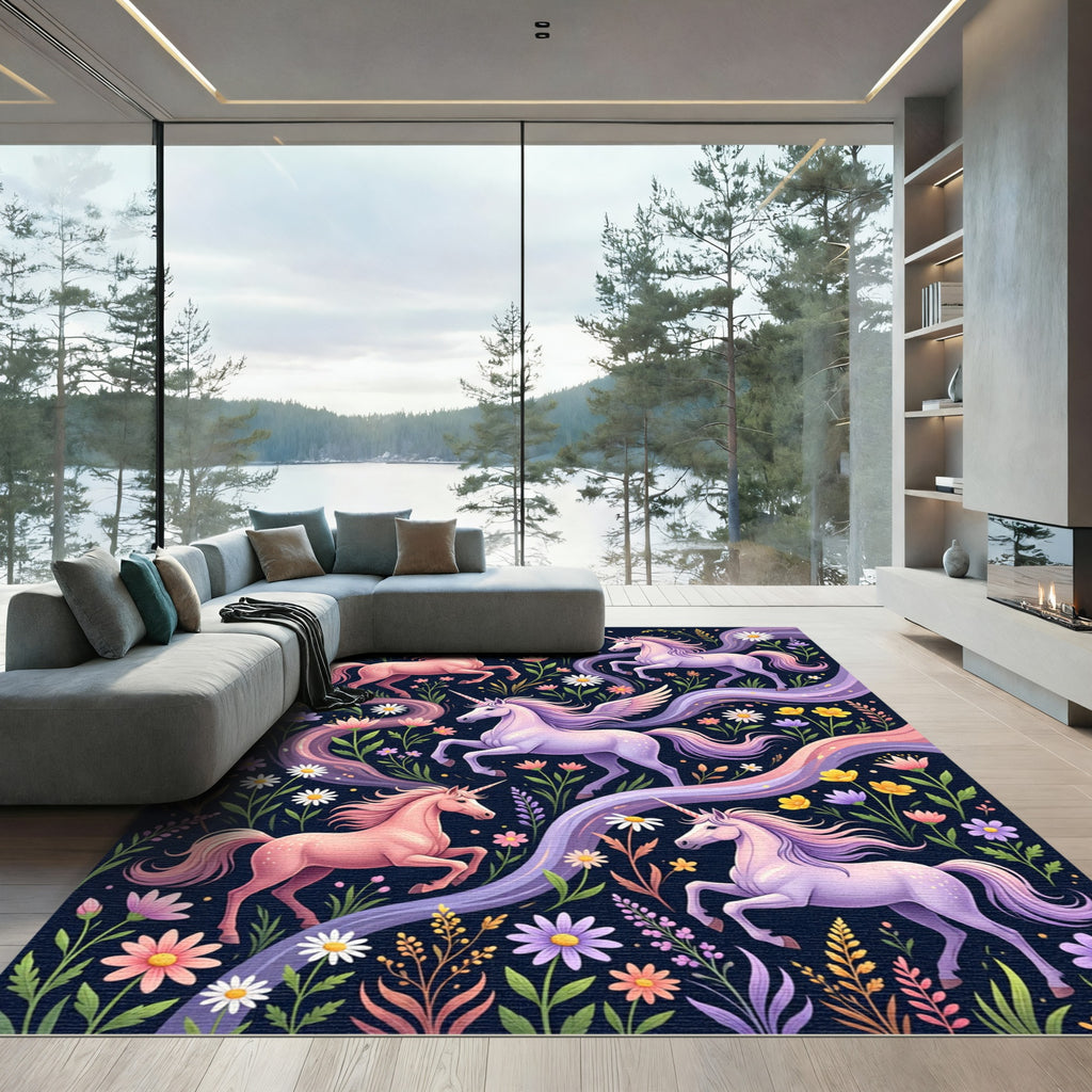 Whimsical Pastel Unicorn Floral Meadow Rug