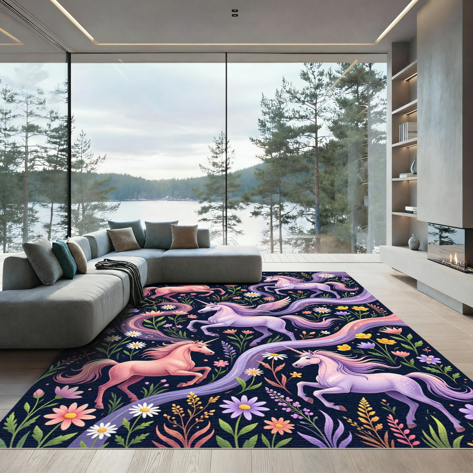 Whimsical Pastel Unicorn Floral Meadow Rug