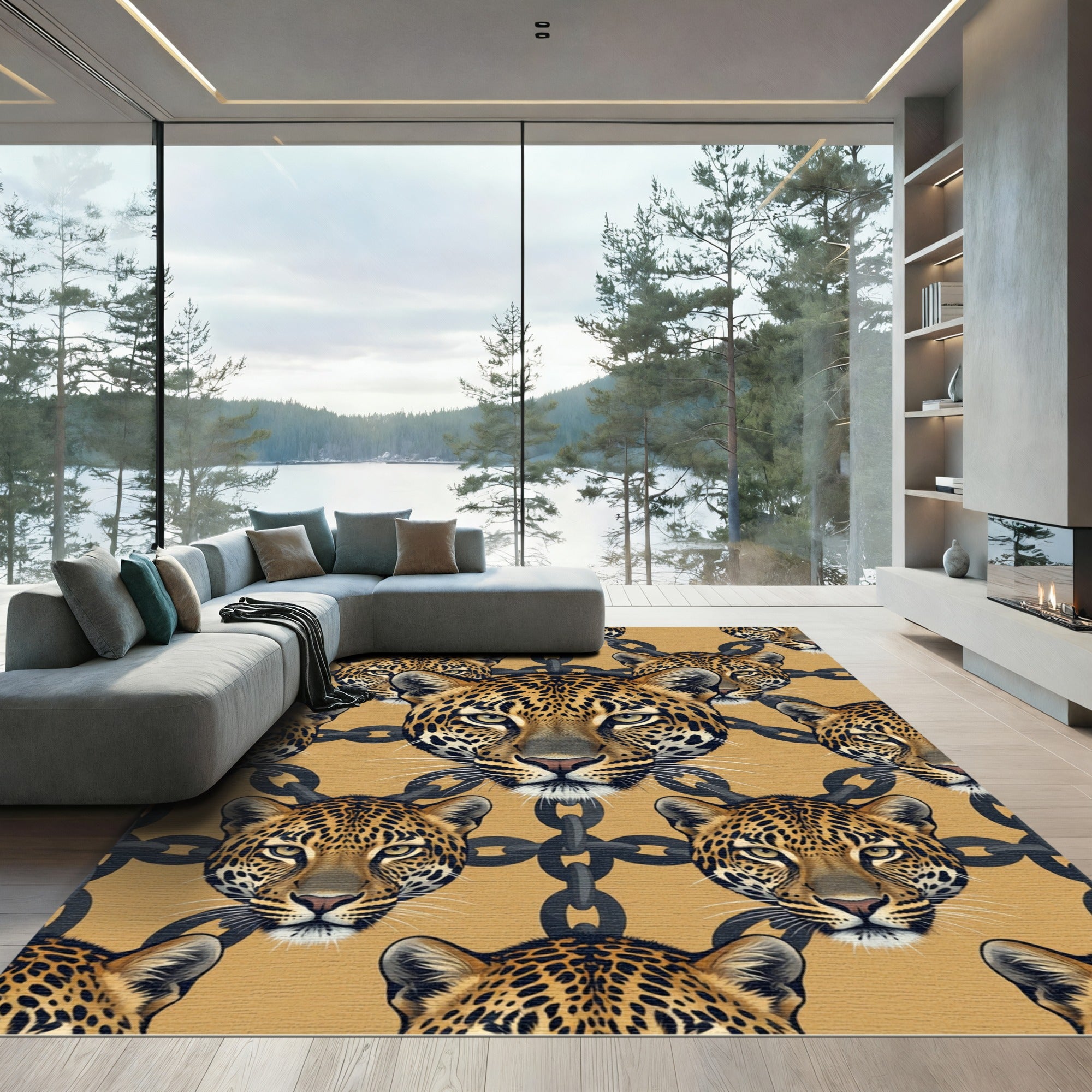 Bold Leopard Heads with Iron Chains Rug
