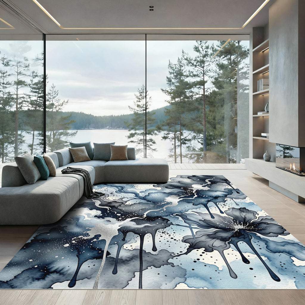 Indigo Gray Floral Ink Drip Rug