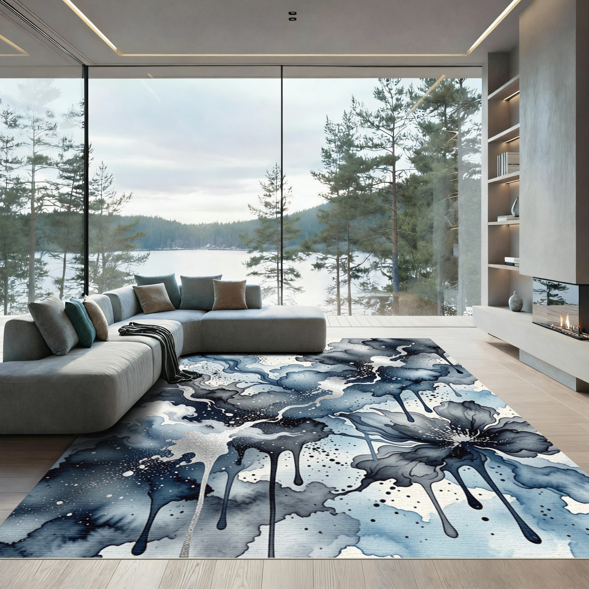 Indigo Gray Floral Ink Drip Rug