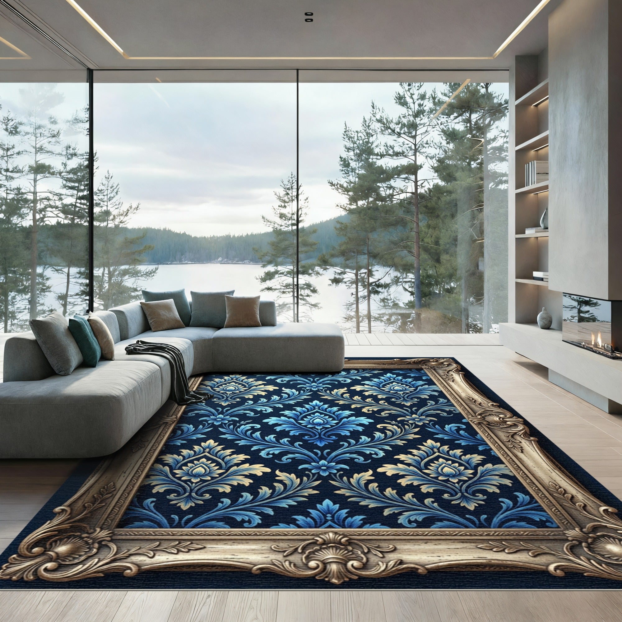 Blue Ornate Damask Scroll Accent Rug