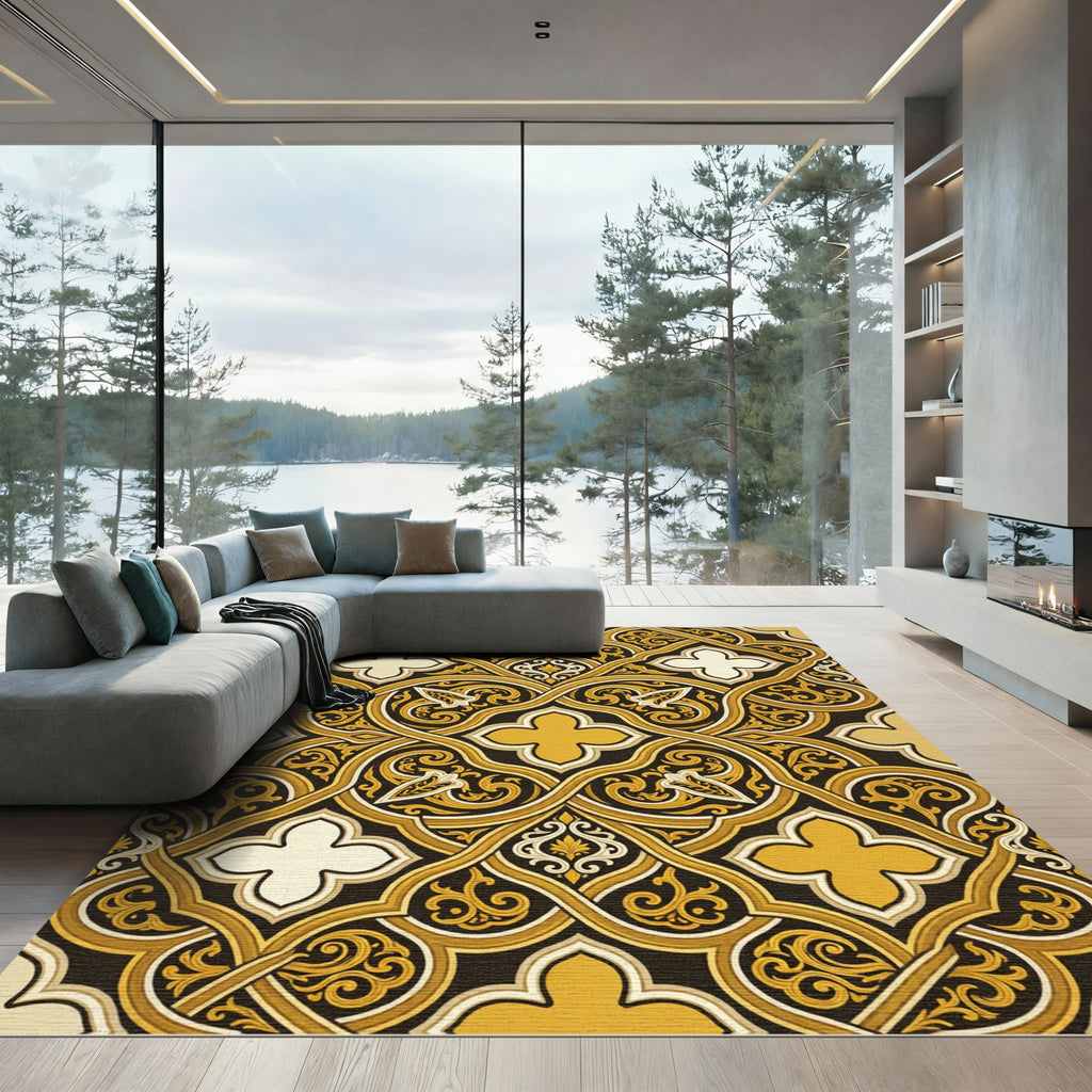 Elegant Golden Filigree Interlocking Scroll Rug