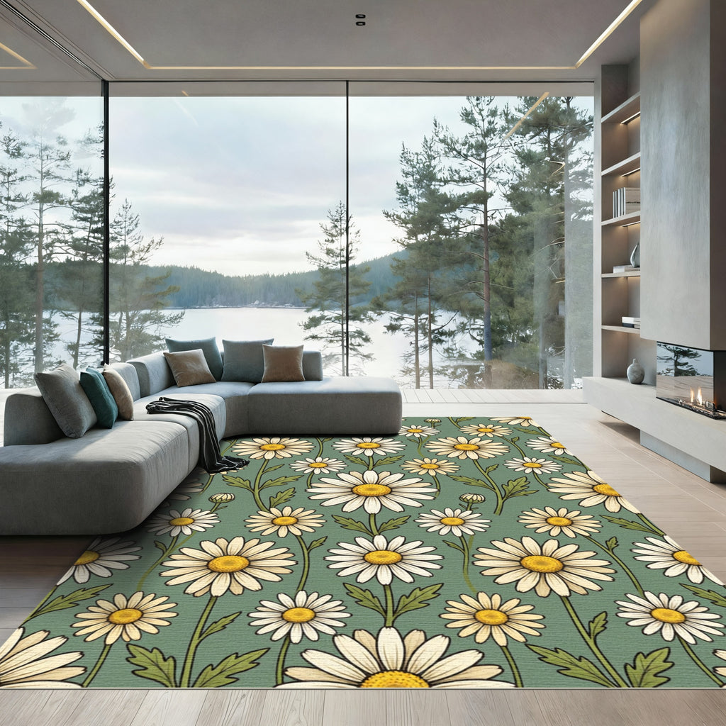 Vintage Sage Meadow Daisy Floral Rug