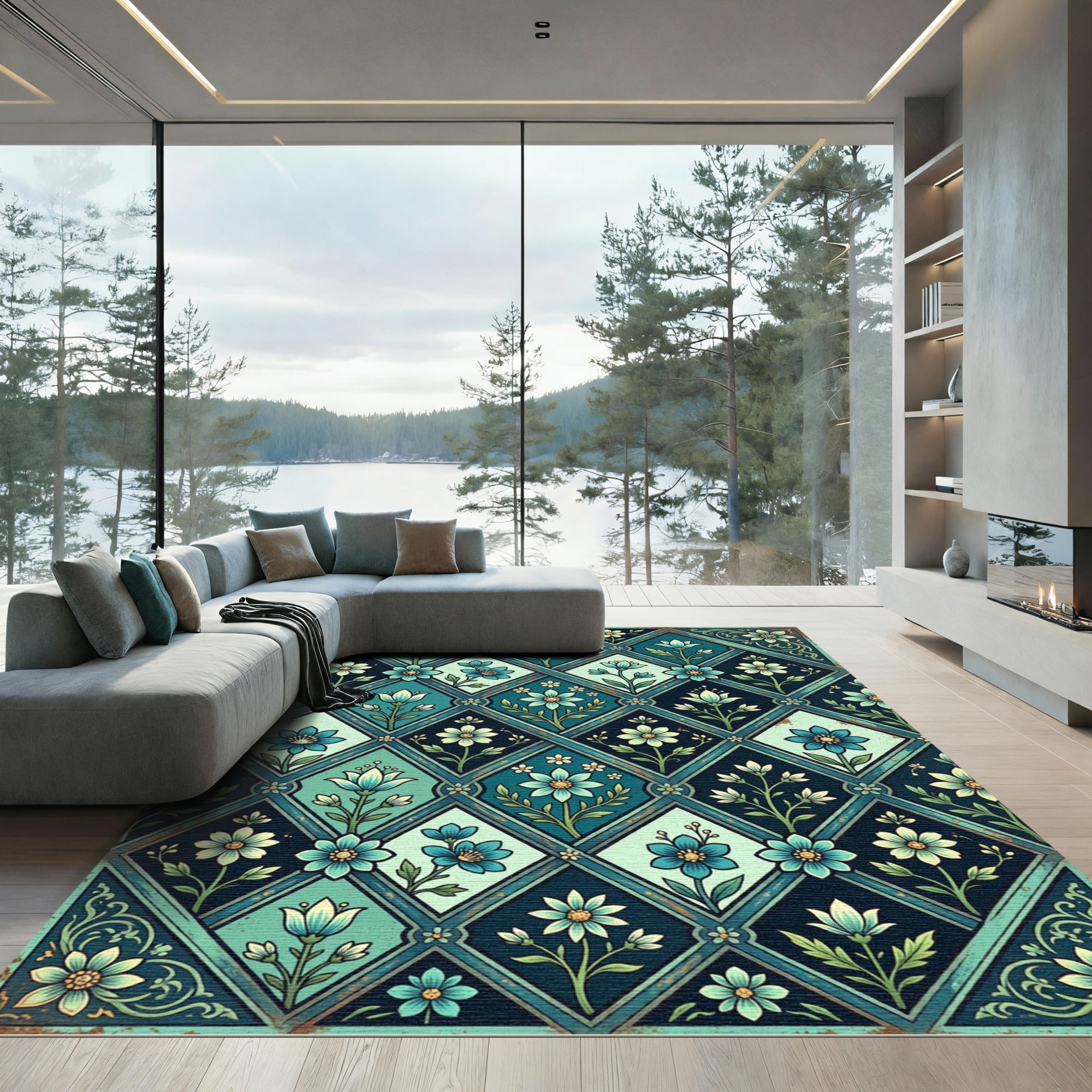 Teal Botanic Diamond Lattice Floral Rug