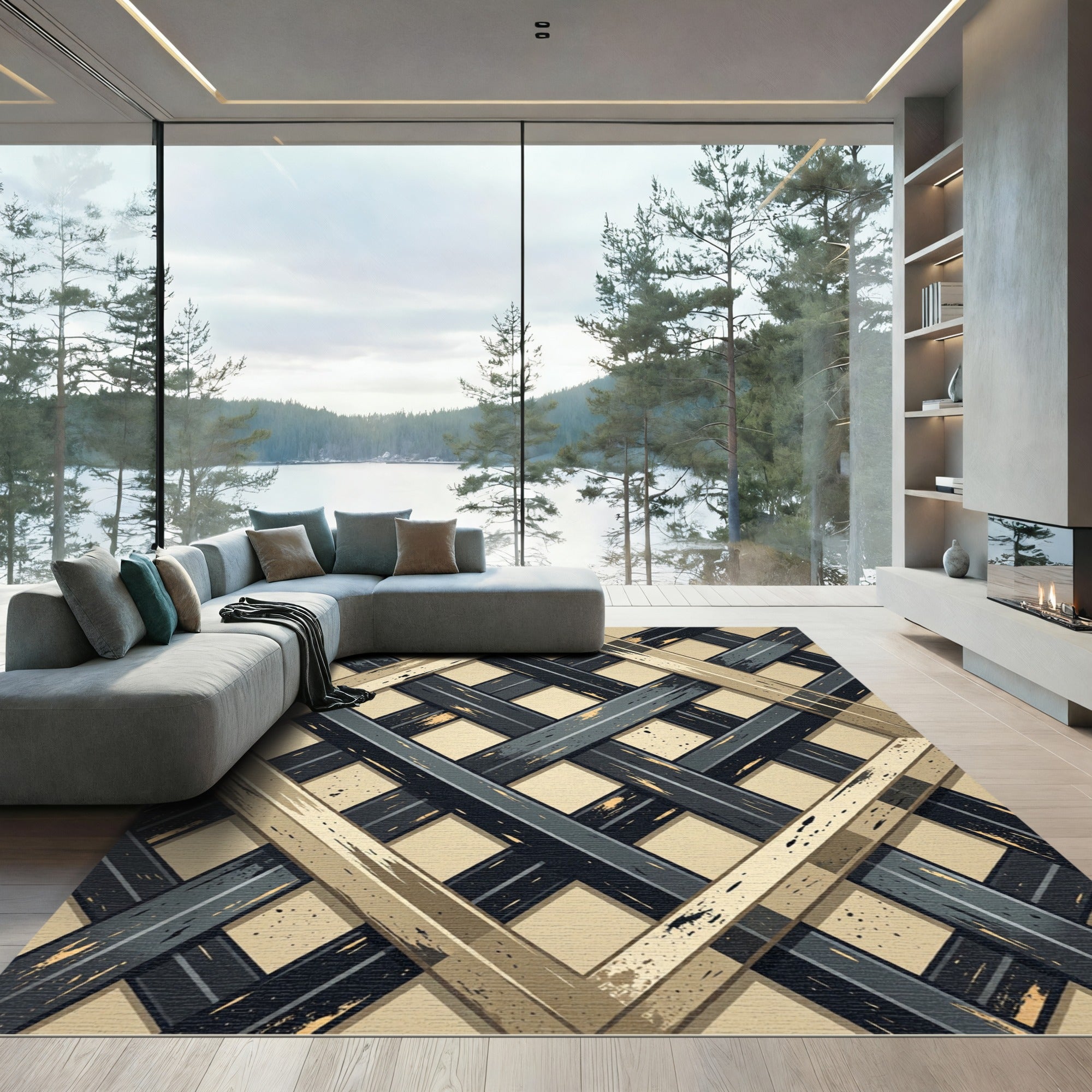 Golden Metallic Grid Lattice Industrial Rug