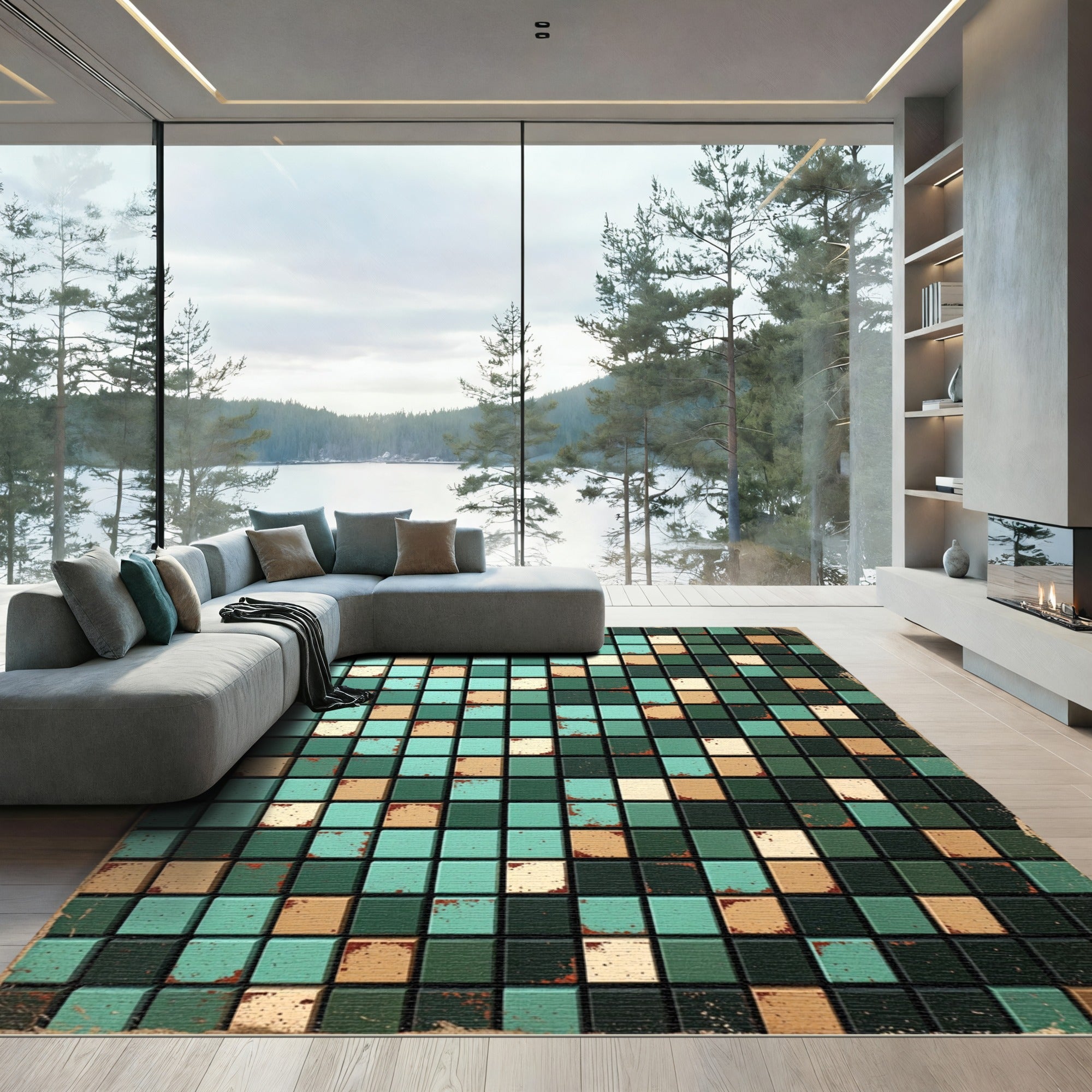 Aqua Tan Distressed Tile Grid Rug