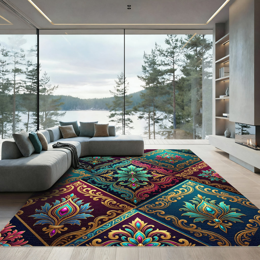 Jeweled Teal Crimson Paisley Diamonds Rug