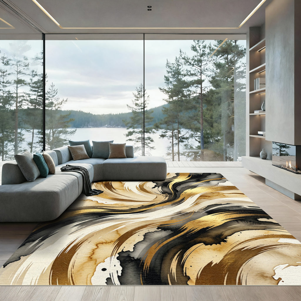 Golden Abstract Swirls Fluid Ink Art Rug