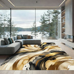 Golden Abstract Swirls Fluid Ink Art Rug