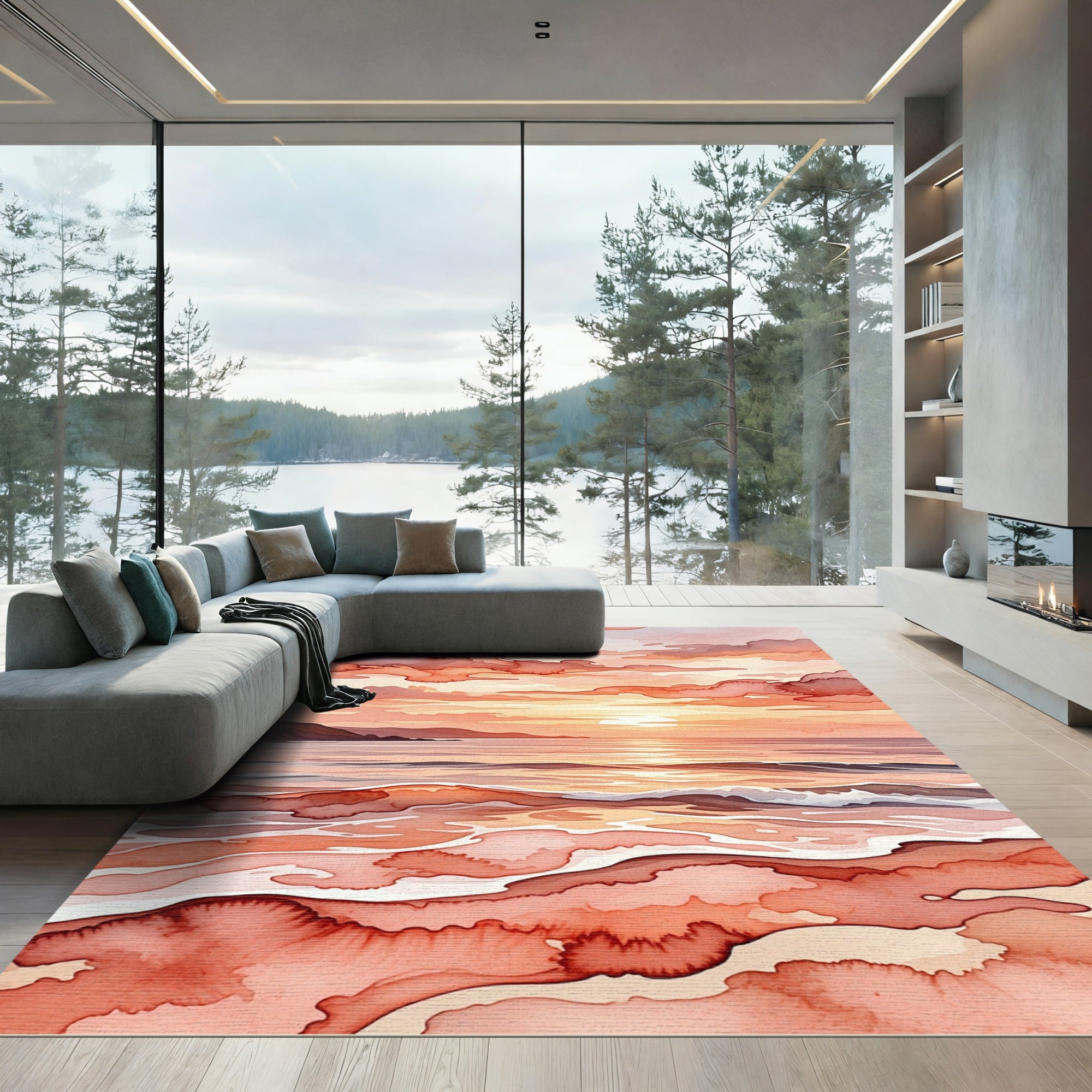 Watercolor Sunset Ocean Waves Rug