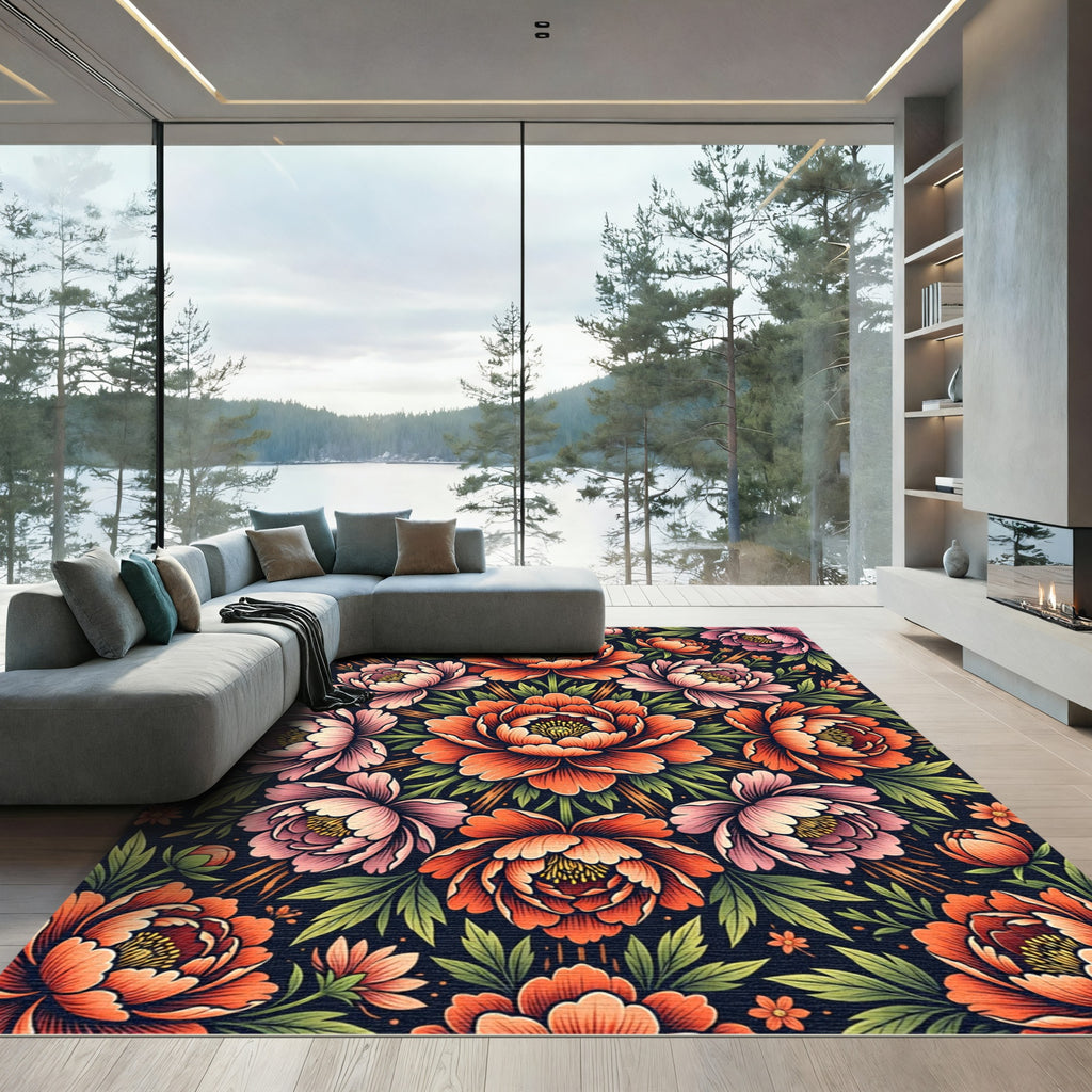 Vibrant Orange Peony Mandala Floral Rug