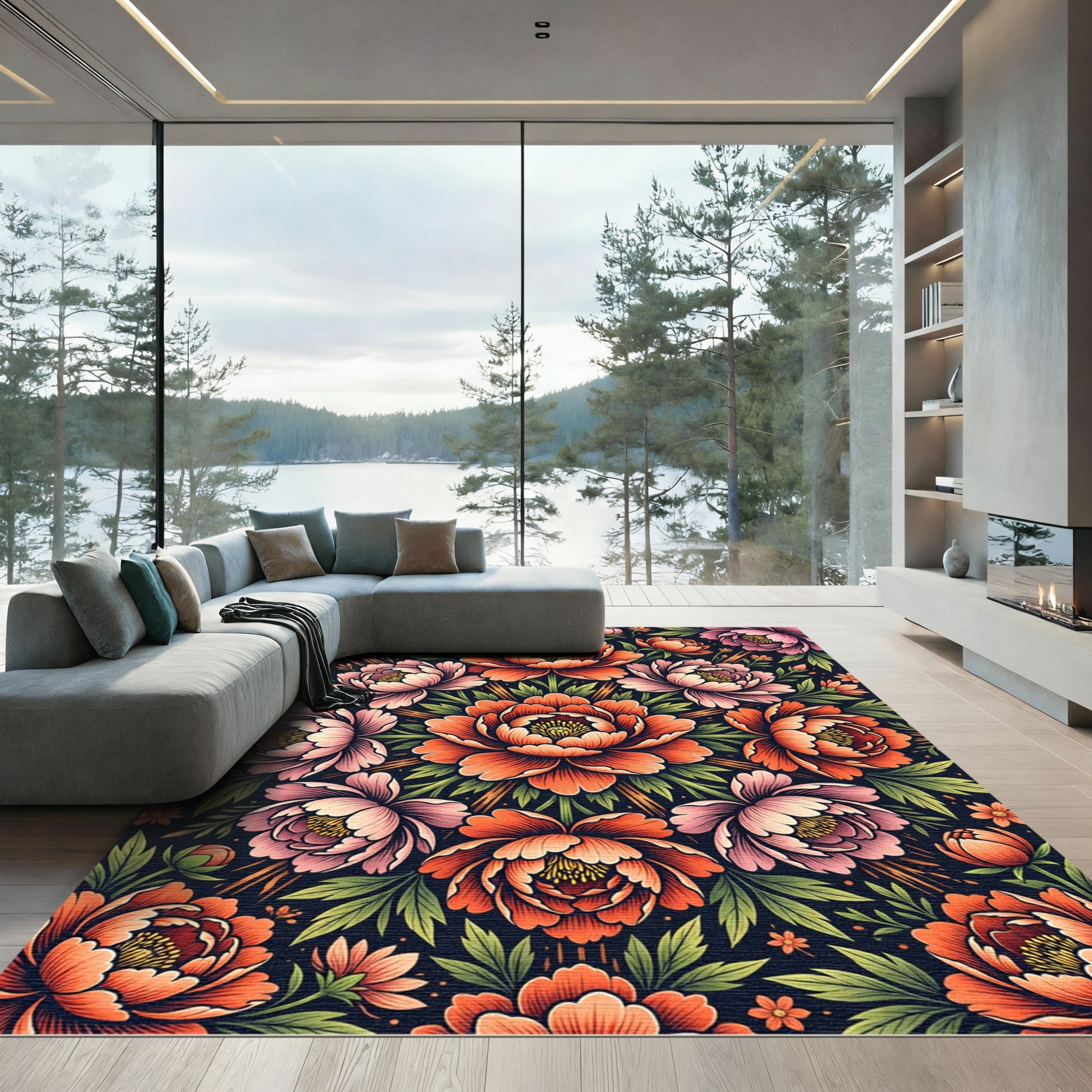 Vibrant Orange Peony Mandala Floral Rug
