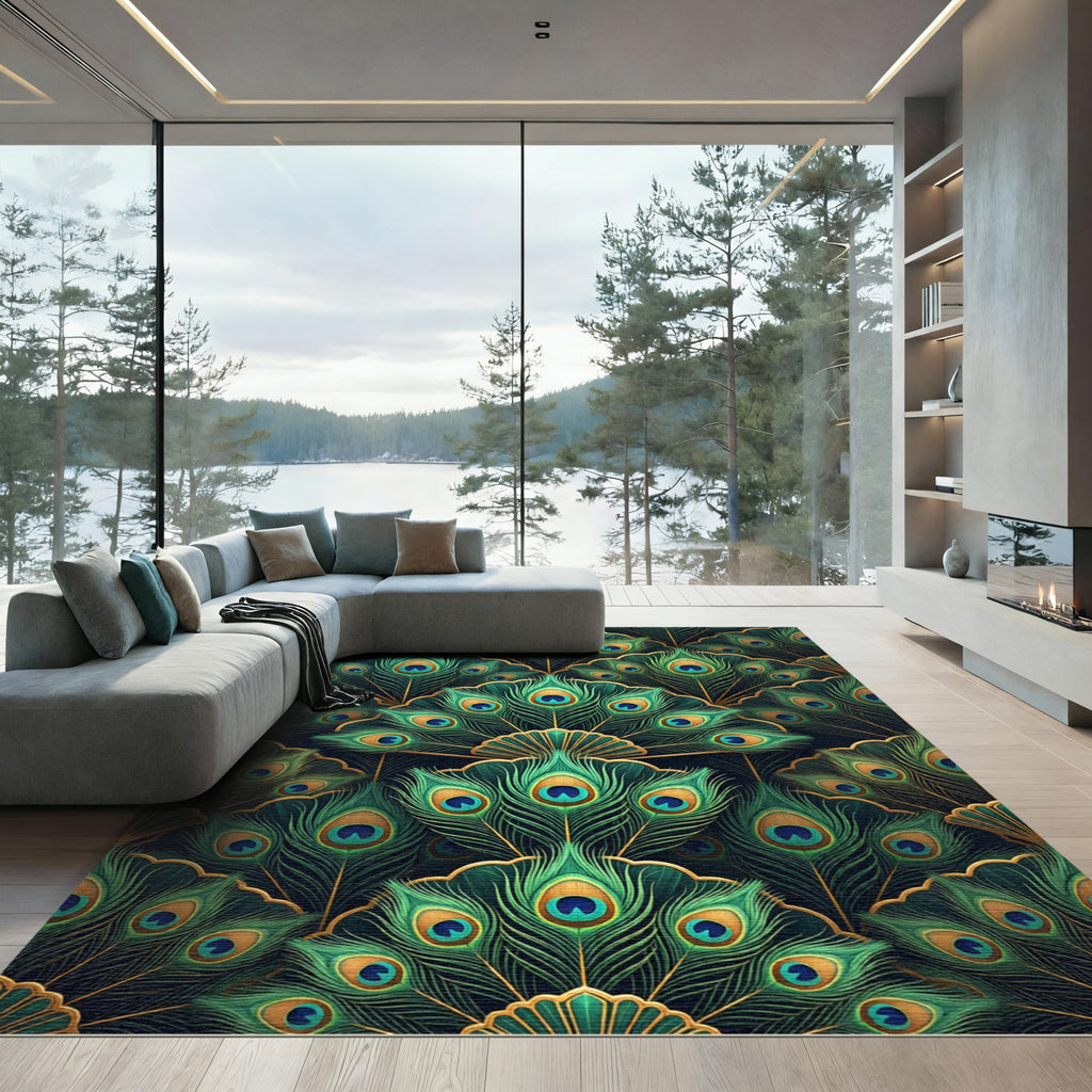 Emerald Green Peacock Feather Fan Rug