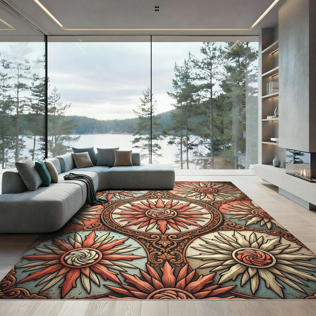 Terracotta Sunburst Medallion Tile Rug