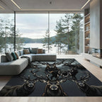 Majestic Black Deer Antler Forest Scene Rug
