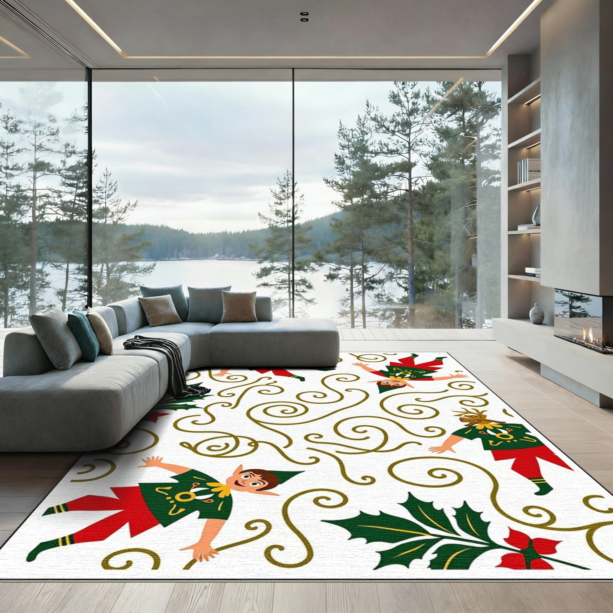 Whimsical Elf Holly Swirl Holiday Rug