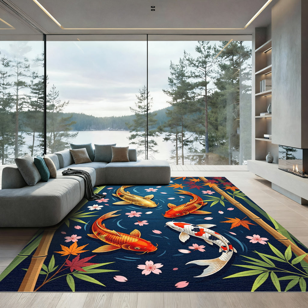 Zen Koi Pond with Falling Blossoms Rug