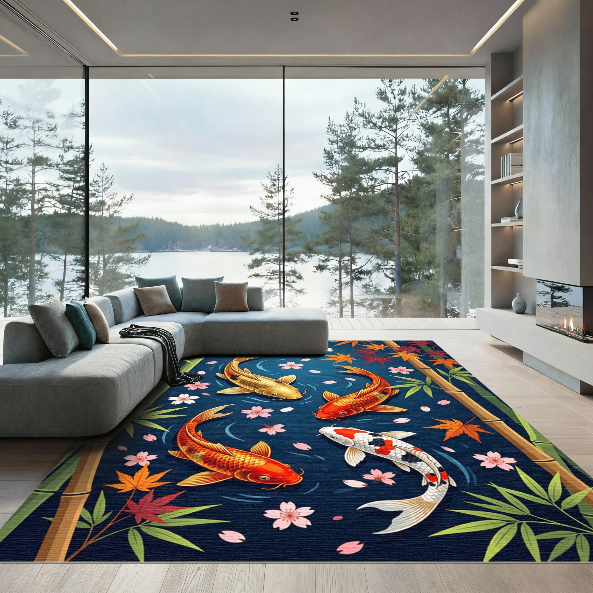 Zen Koi Pond with Falling Blossoms Rug