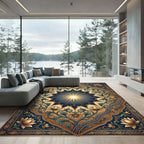 Radiant Navy Blue Gold Floral Medallion Rug