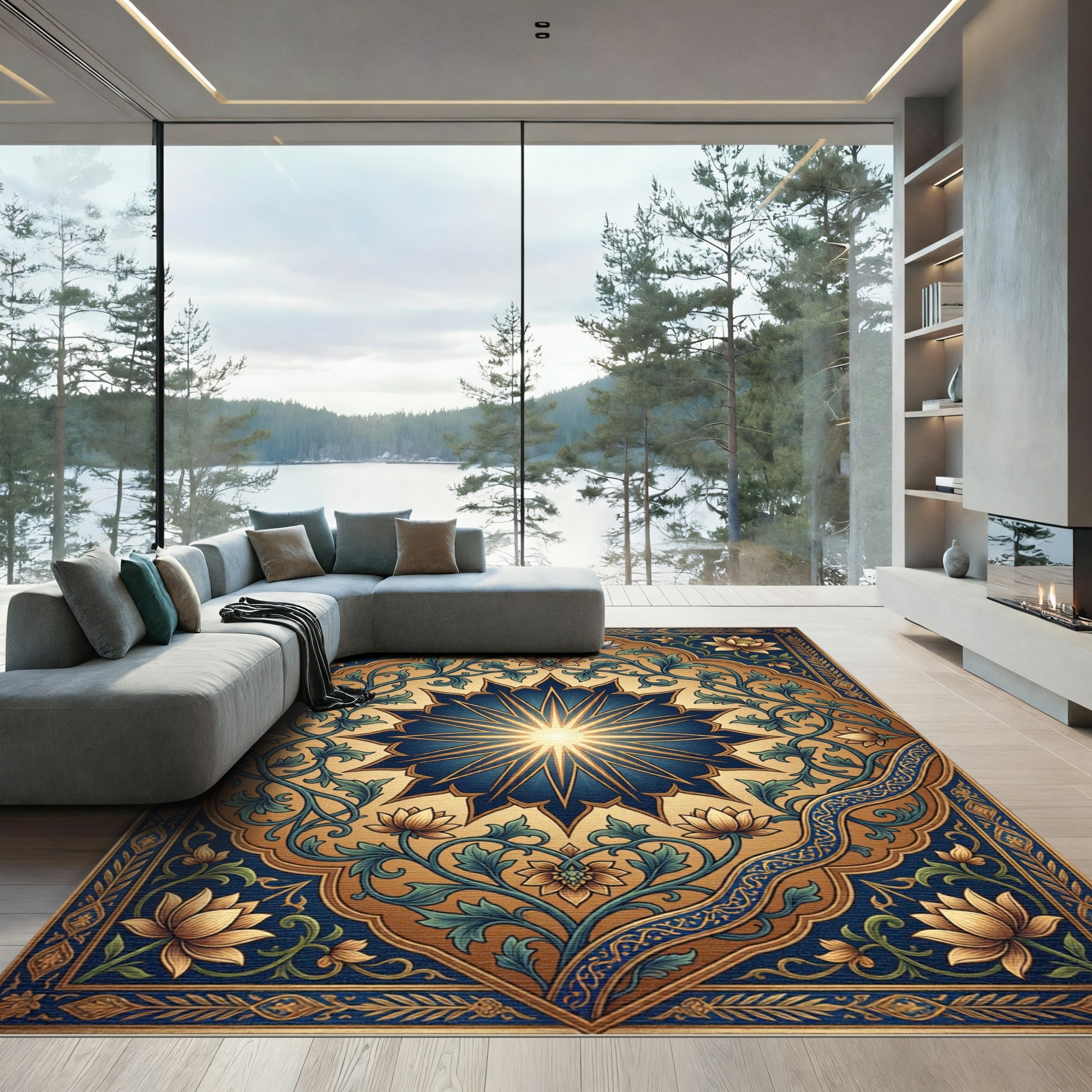 Radiant Navy Blue Gold Floral Medallion Rug