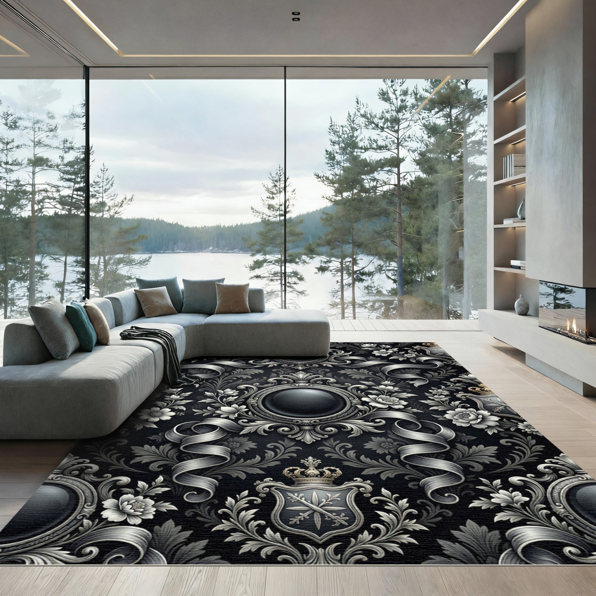 Ornate Silver Floral Emblem Rug