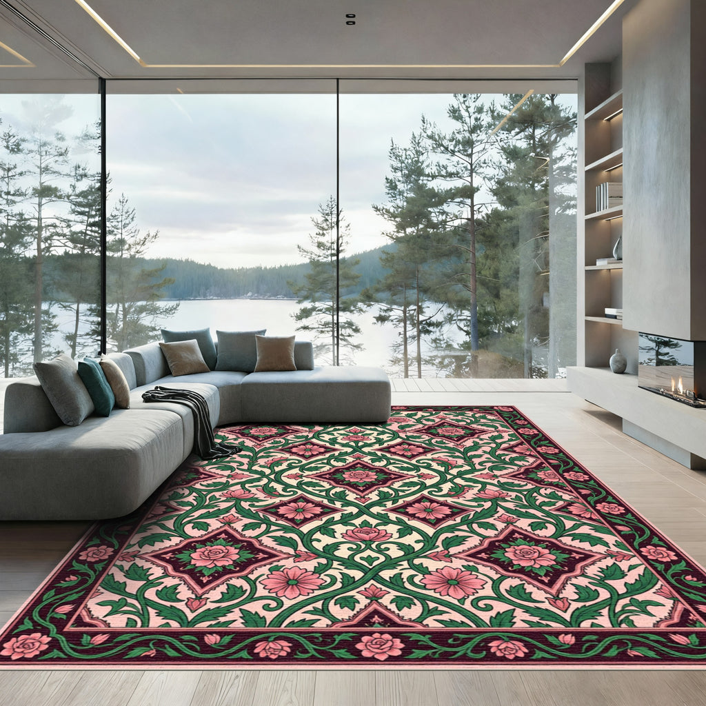 Pink Floral Vine Lattice Rug